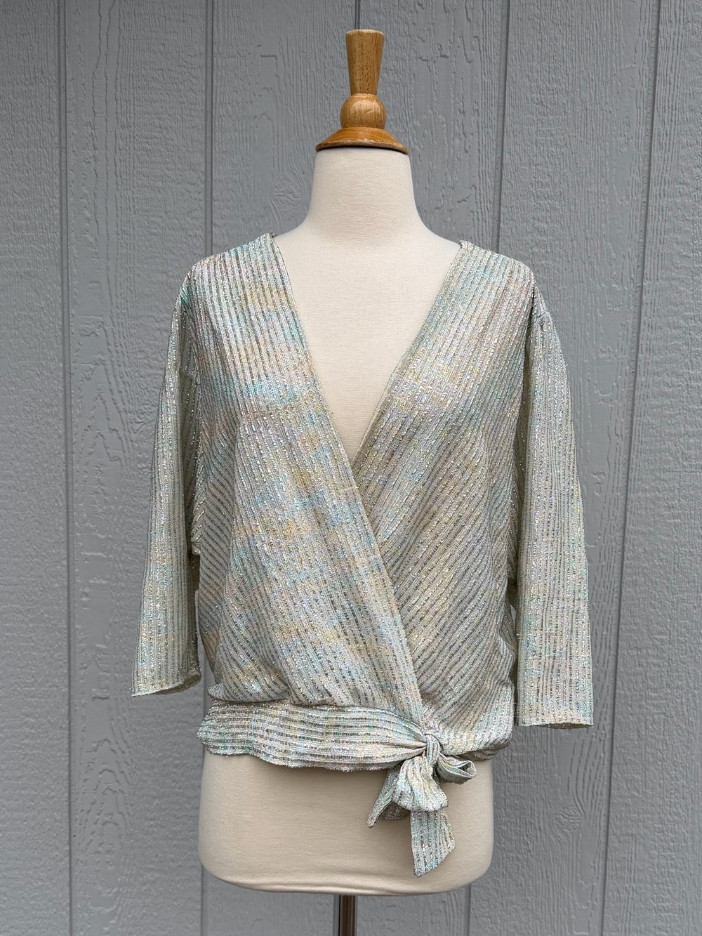 Vintage 70’s DG California M Metallic Striped Faux Cross Top Blouse Shirt